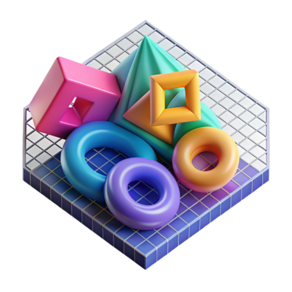 Vibrant 3D Render of Geometric Shapes on Grid png