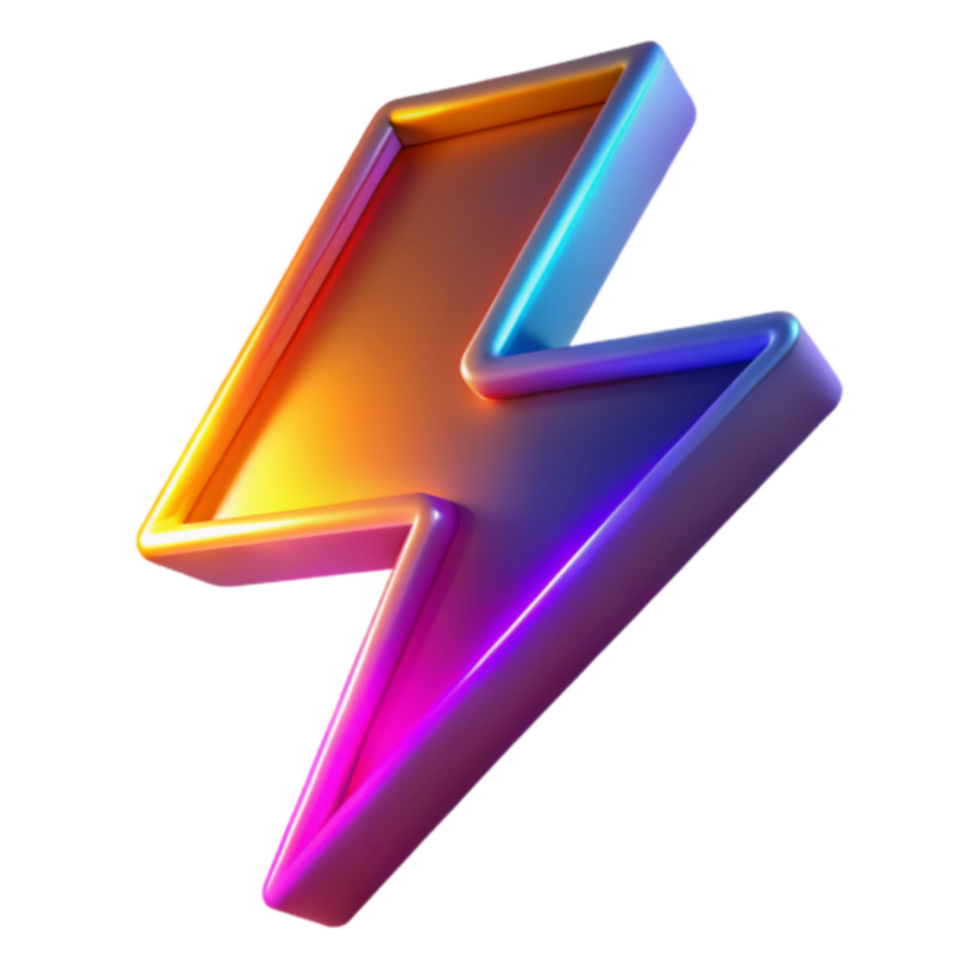 Vibrant 3D Lightning Bolt Illustration, Energy Power Symbol, Colorful Gradient Design, Abstract Icon, Shiny Electric Flash, Neon Effect, Bold Graphic, Digital Art, Futuristic Style png