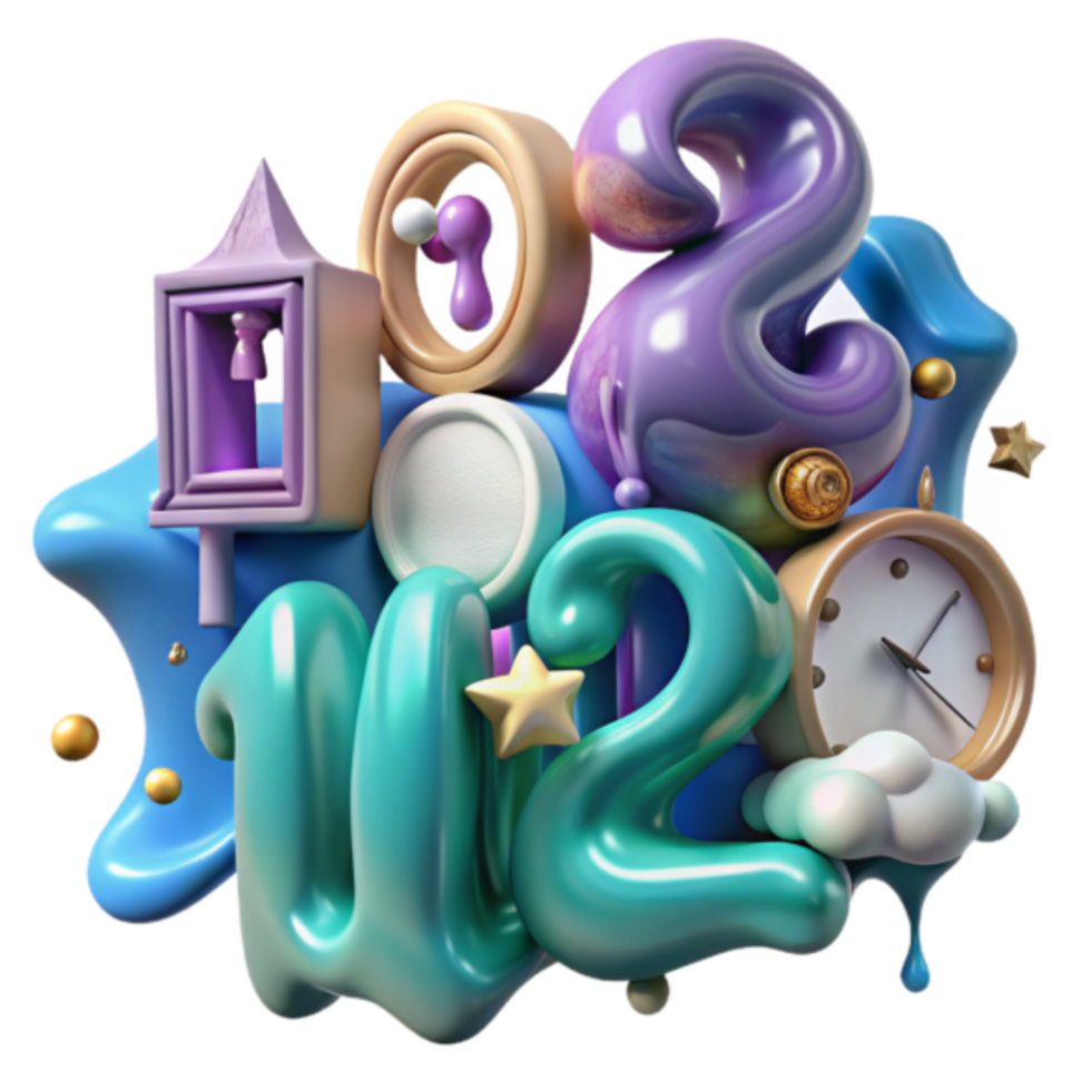 Abstract 3D Render of 2020 New Year Design with Clock and Stars png
