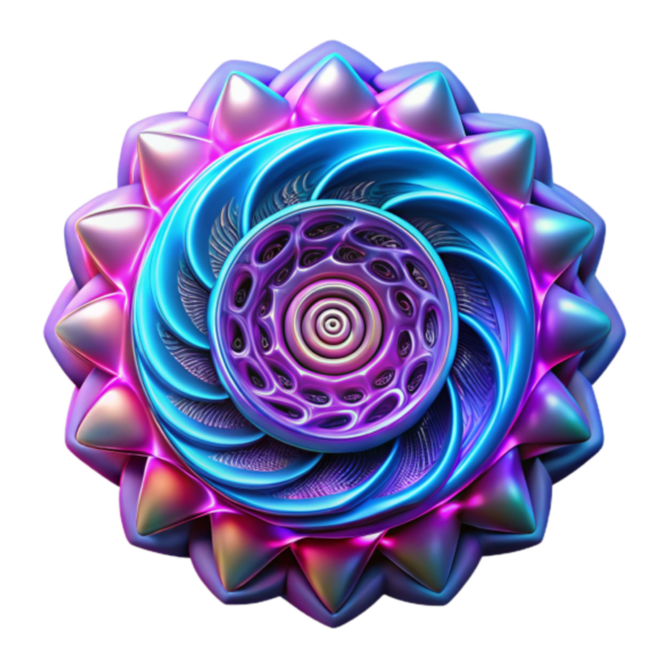 3D Abstract Mandala Design, Vibrant Colors, Spiral Geometry, Iridescent Texture, Psychedelic Art, Digital Illustration, Intricate Pattern, Geometric Flower, Colorful Ornament, 3D Render png