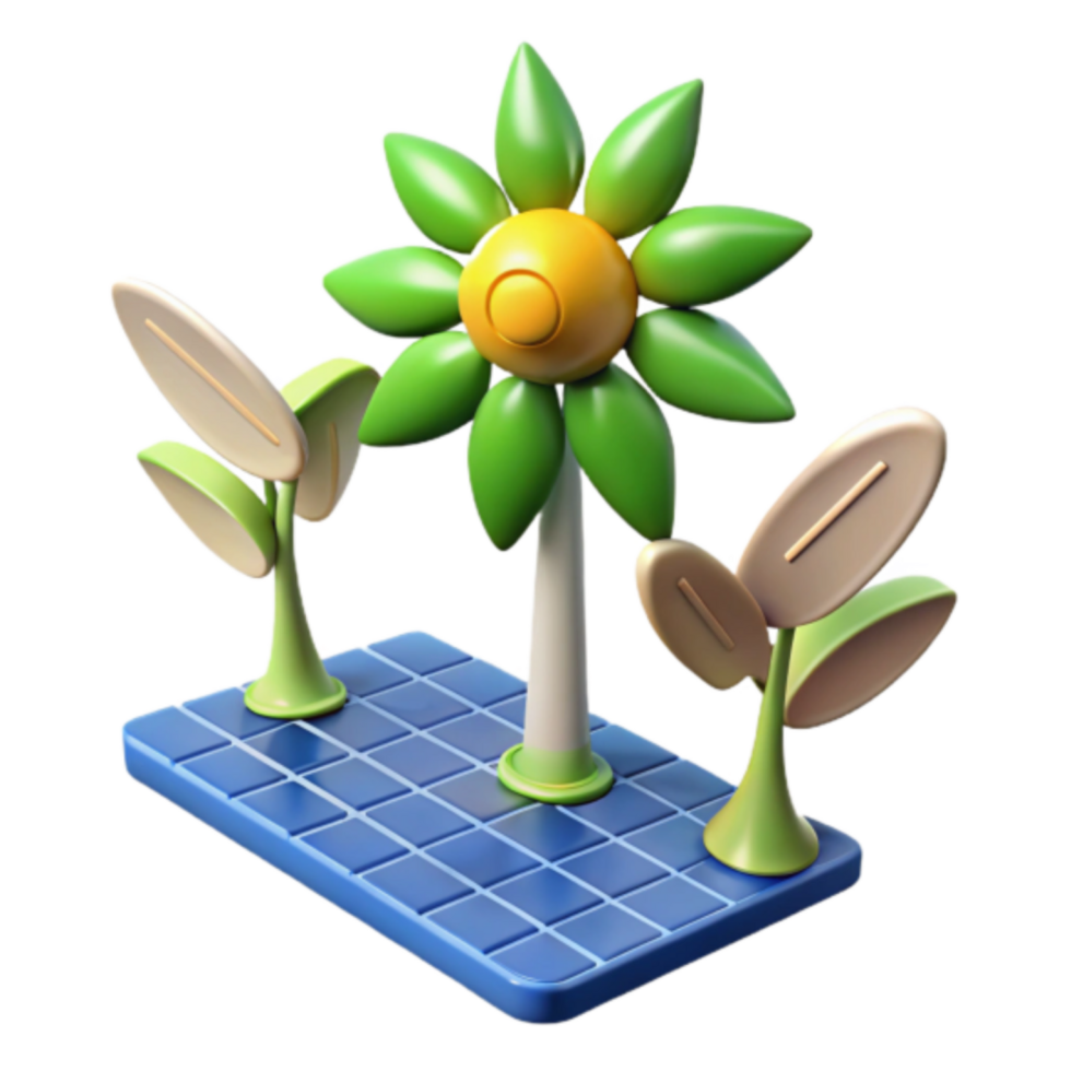 3D Render of Cartoonish Solar Panel with Flower and Plants png