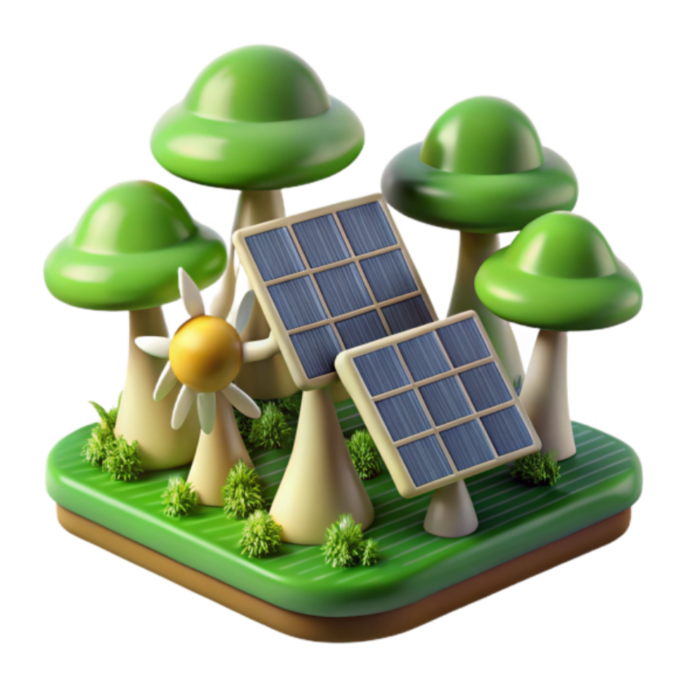 3D Illustration of Green Energy Ecosystem with Solar Panels and Wind Turbine png