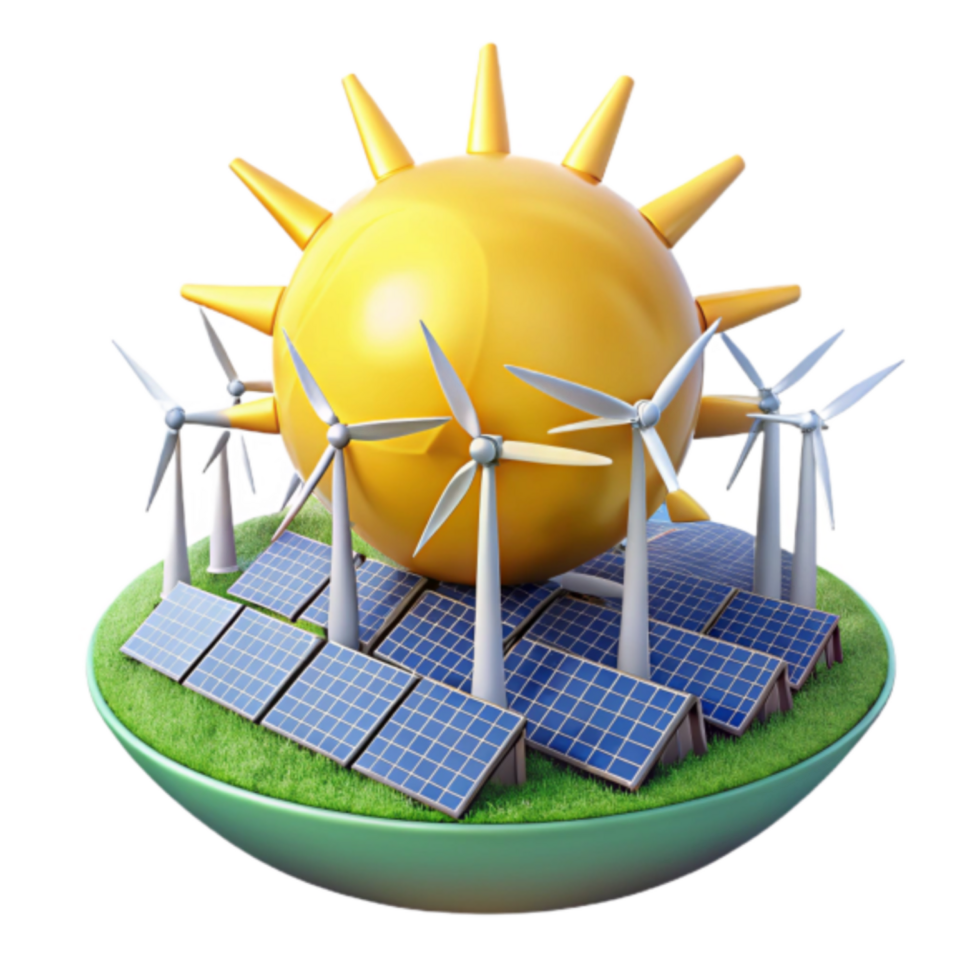 Clean Energy 3D Illustration Solar Panels, Wind Turbines and Sun Synergy png