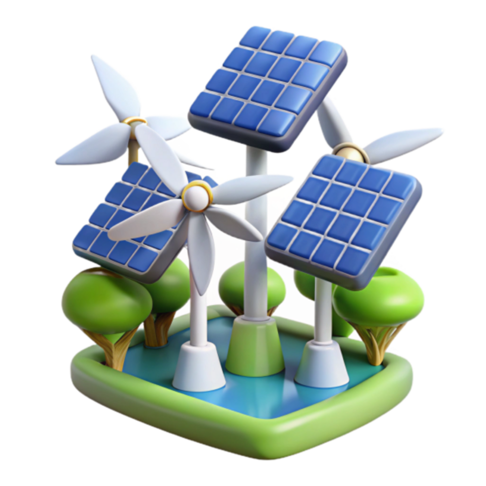 3D Illustration Green Energy Sustainable Power Wind Turbines and Solar Panels png