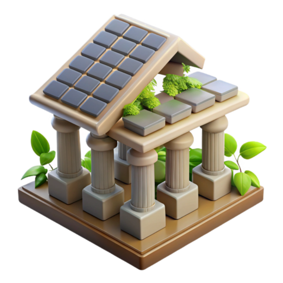 Eco-Friendly 3D Model Grecian Temple with Solar Panels and Greenery png