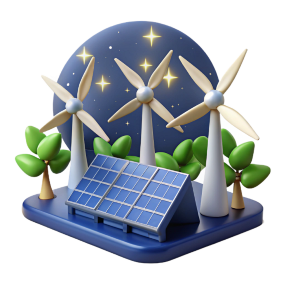 Nighttime Renewable Energy 3D Illustration Wind Turbines and Solar Panels png