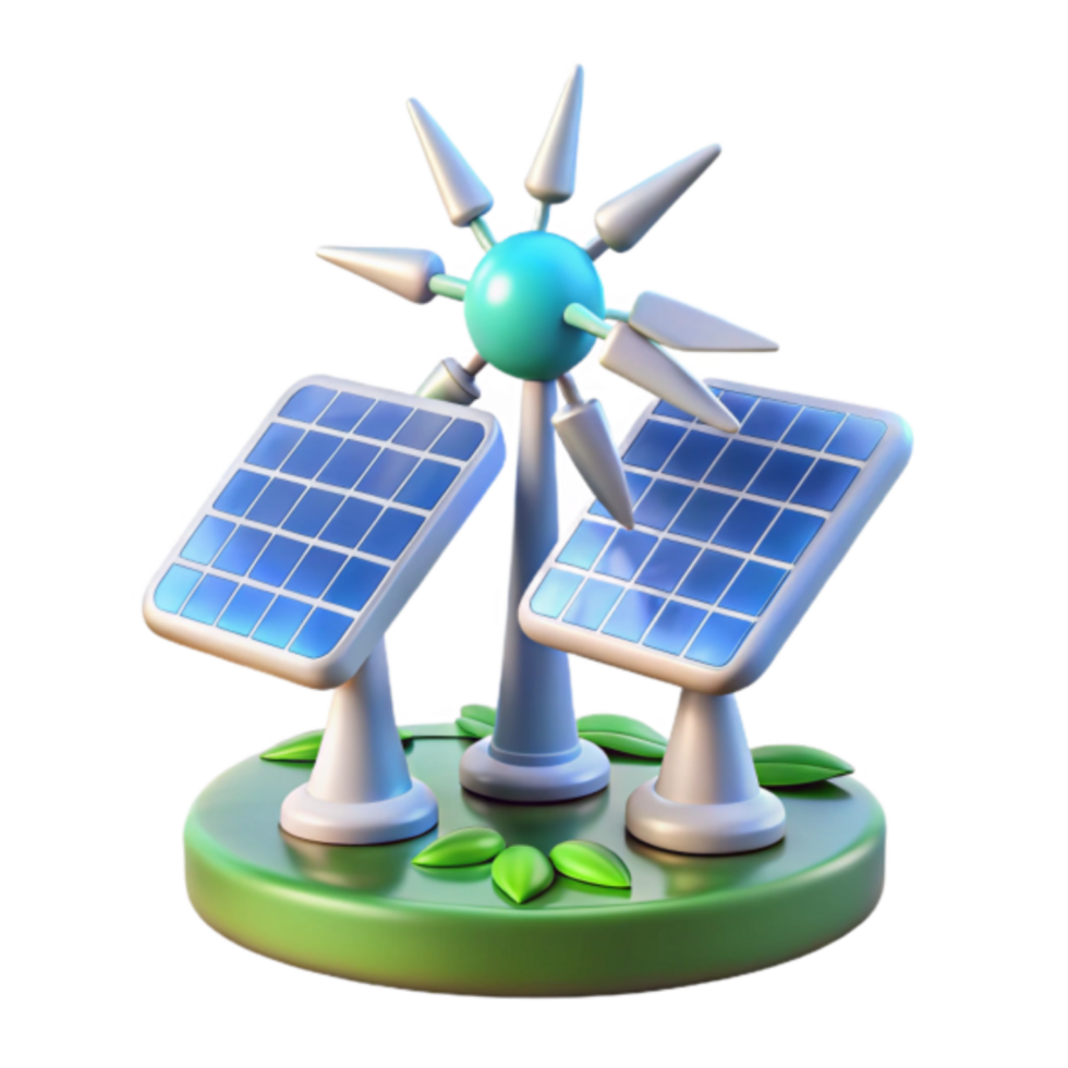 3D Illustration of Sustainable Energy Sources Wind Turbine and Solar Panels png