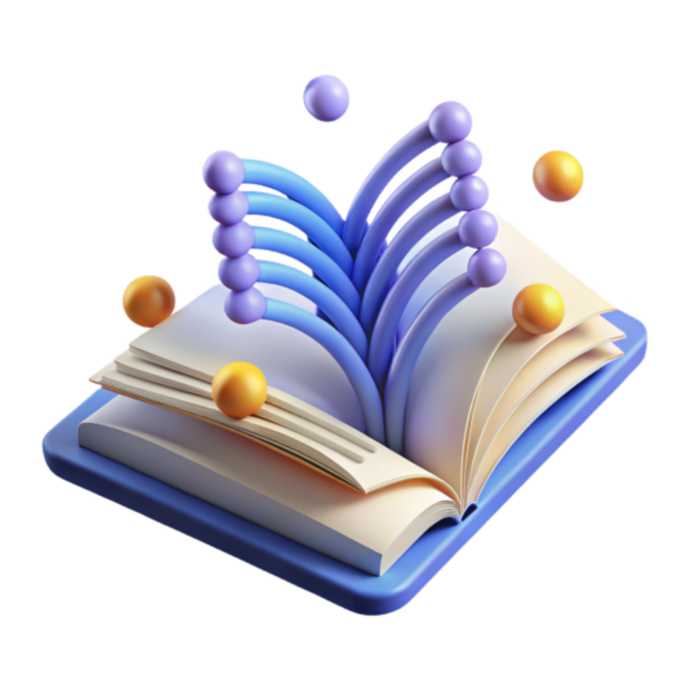 3D Illustration Open Book with Abstract Colorful Balls and Arcs png