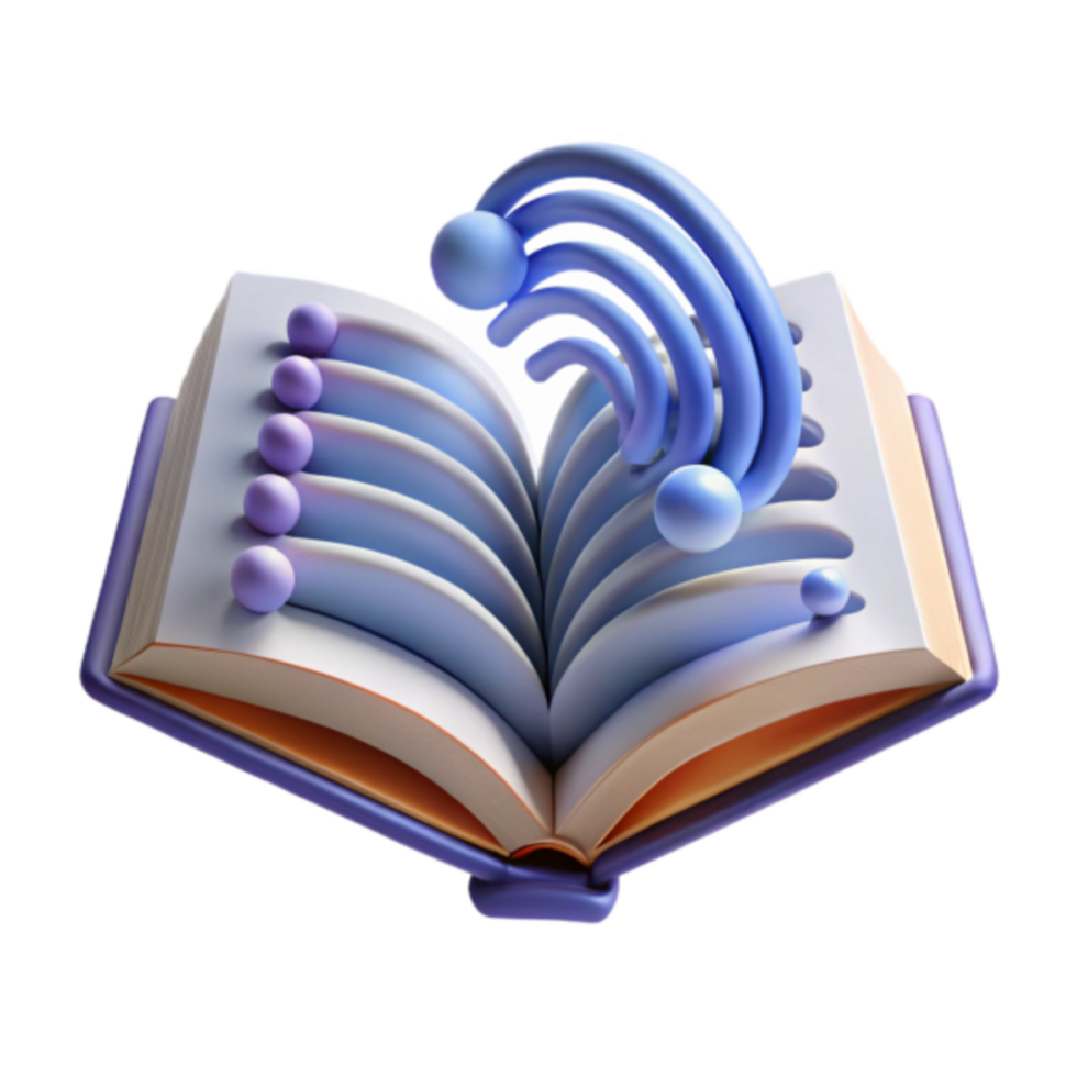 3D Illustration Open Book with Abstract Wifi Symbol and Spheres png