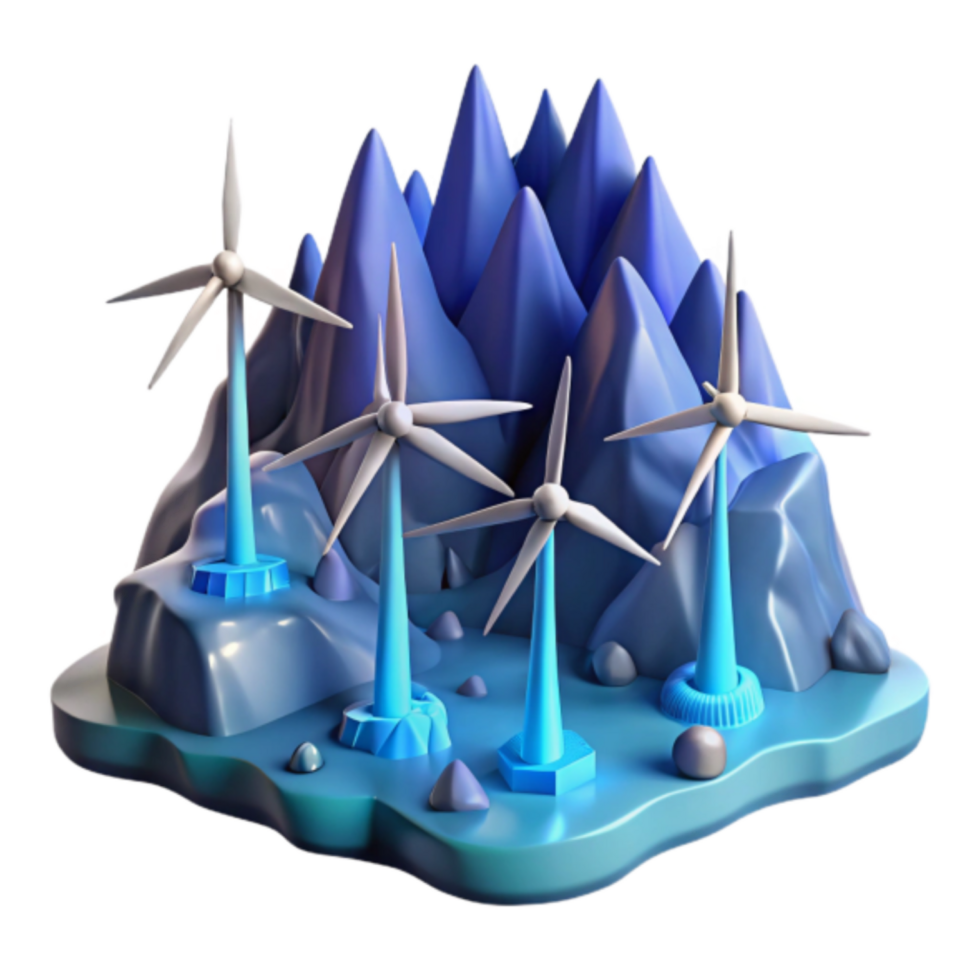 Stylized 3D Render of Wind Turbines on a Mountainous Island png