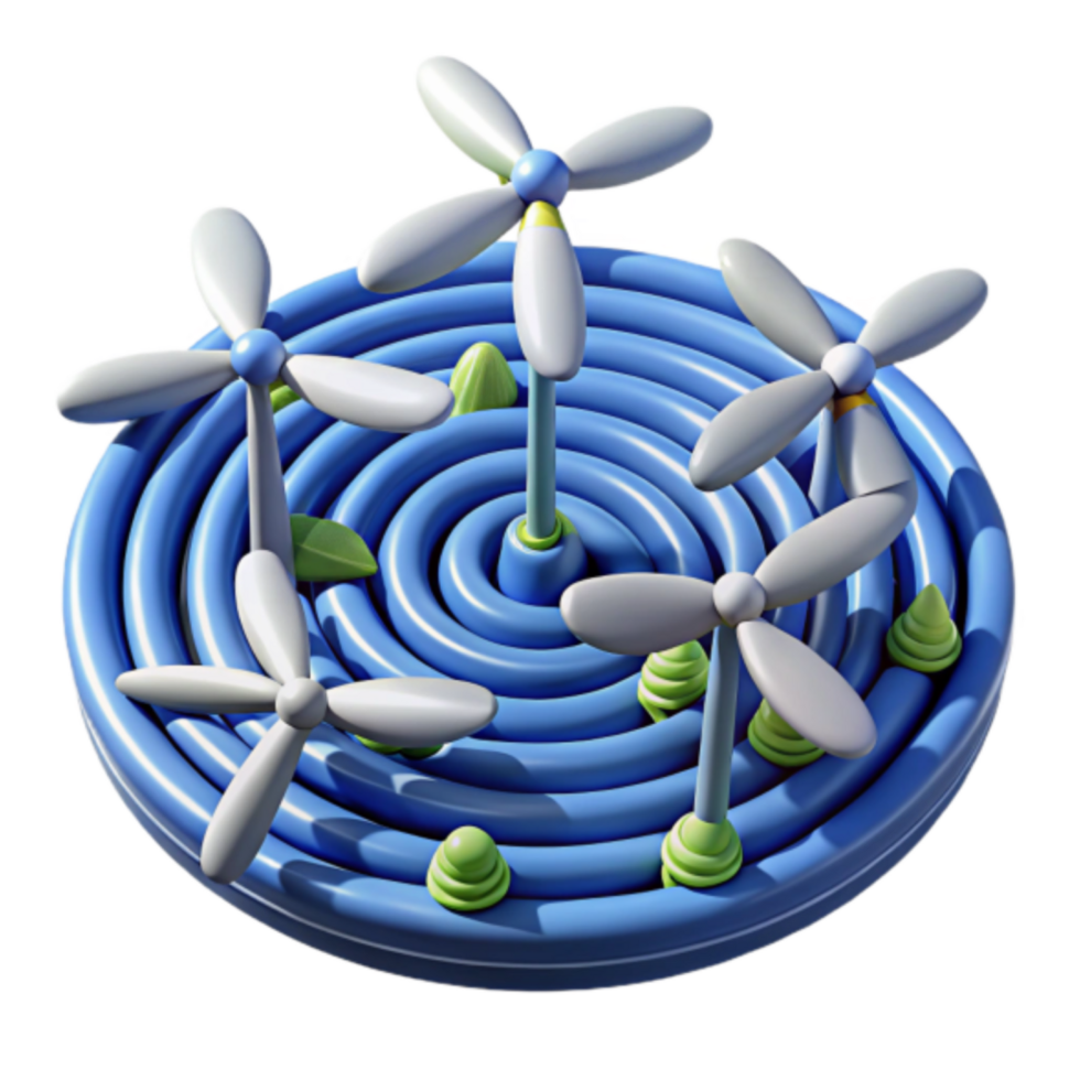 Whimsical 3D Illustration of Wind Turbines in a Circular Pond png