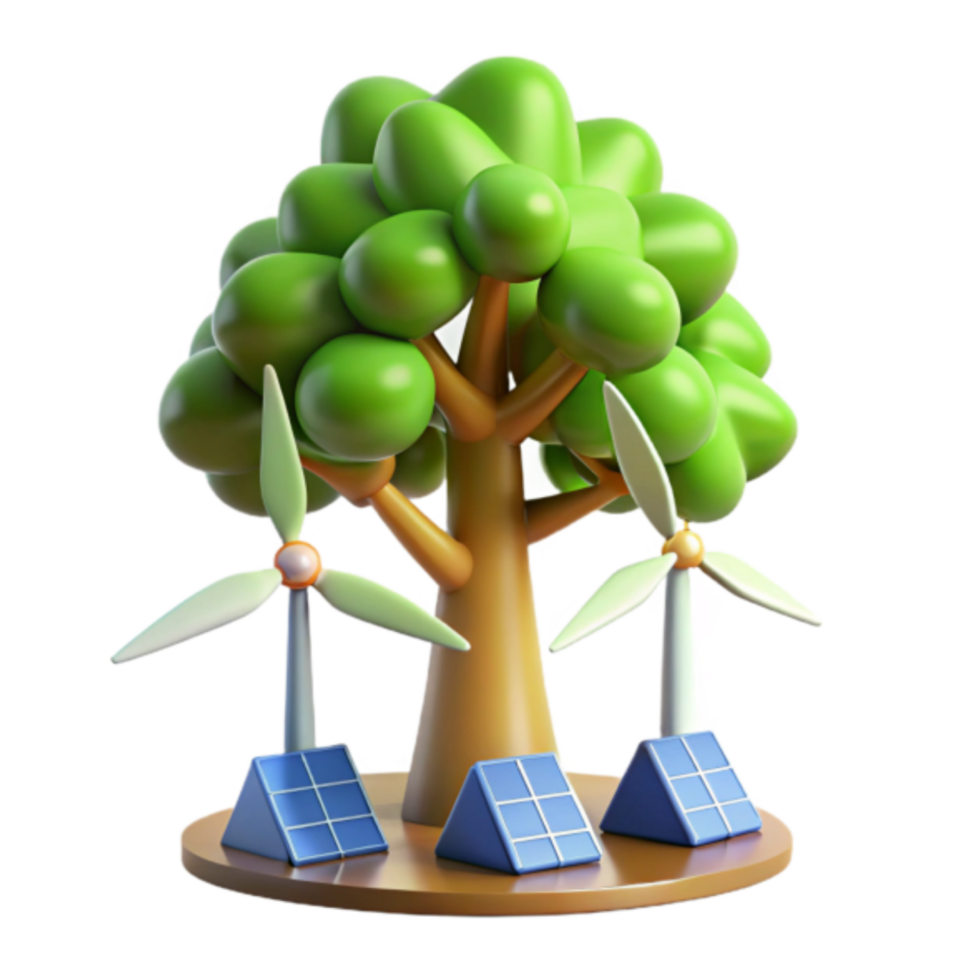Cartoon 3D Render of a Tree with Wind Turbines and Solar Panels png