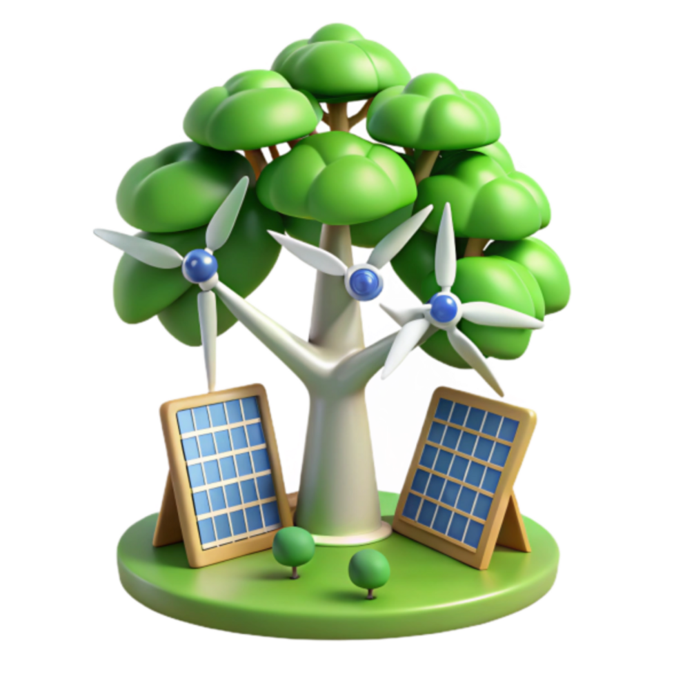 3D Illustration Green Energy Tree Wind Turbines Solar Panels Renewable Energy Sources png