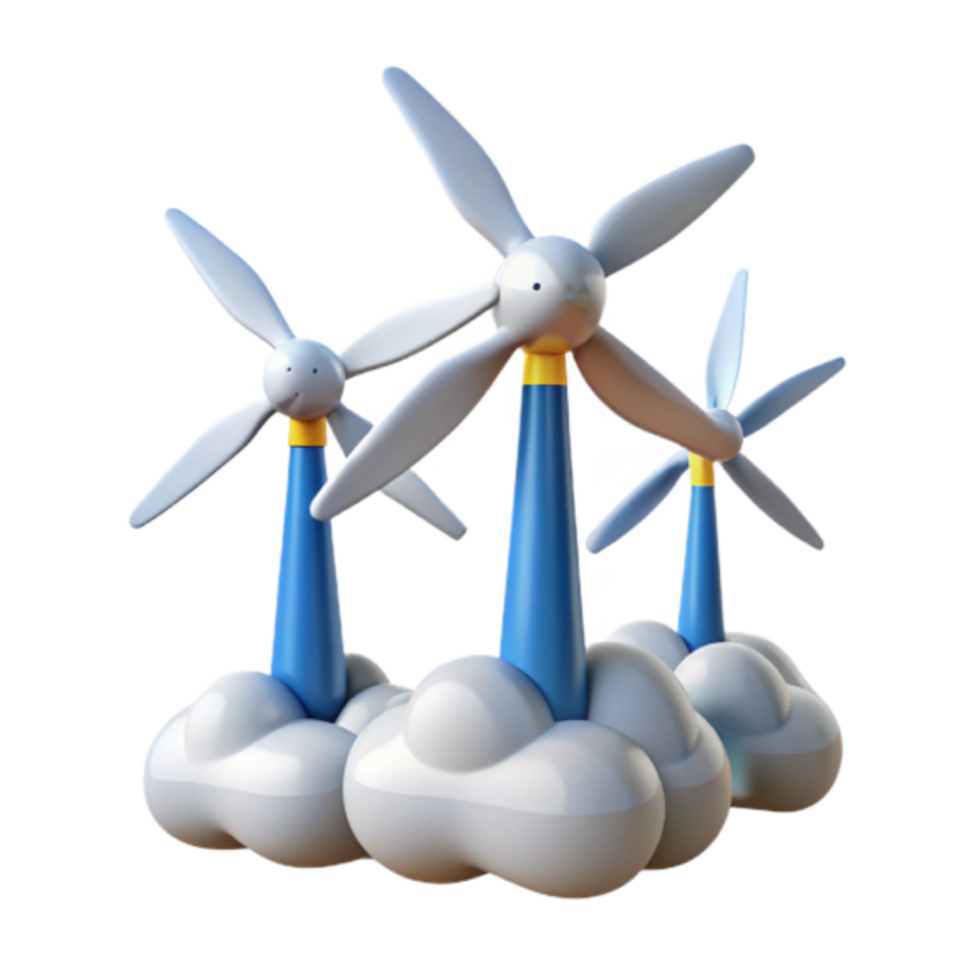 Cute Cartoon Wind Turbines on Clouds 3D Illustration png