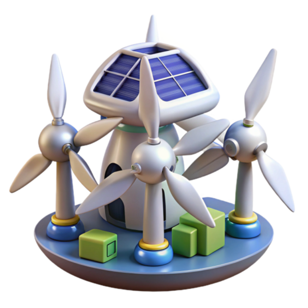 3D Render of Futuristic Sustainable Energy Station with Wind Turbines and Solar Panels png