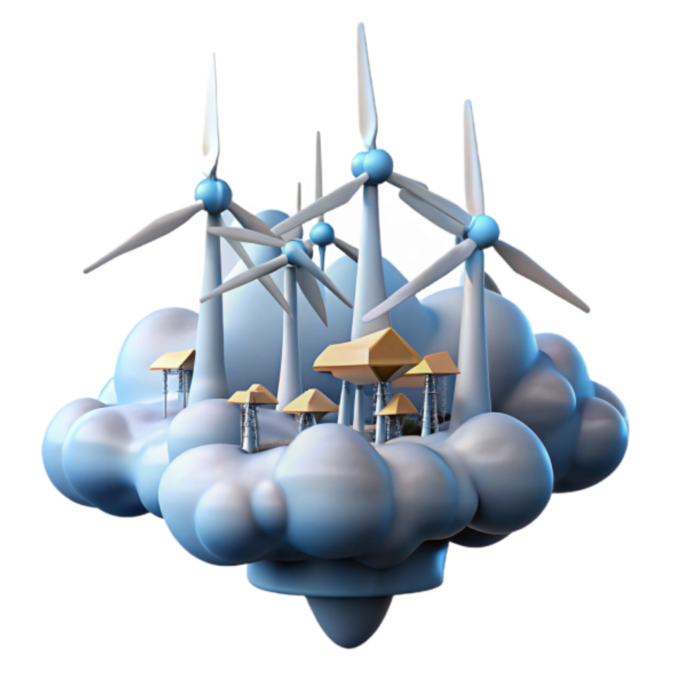 3D Illustration Wind Turbines on Cloud Island Sustainable Energy Concept png