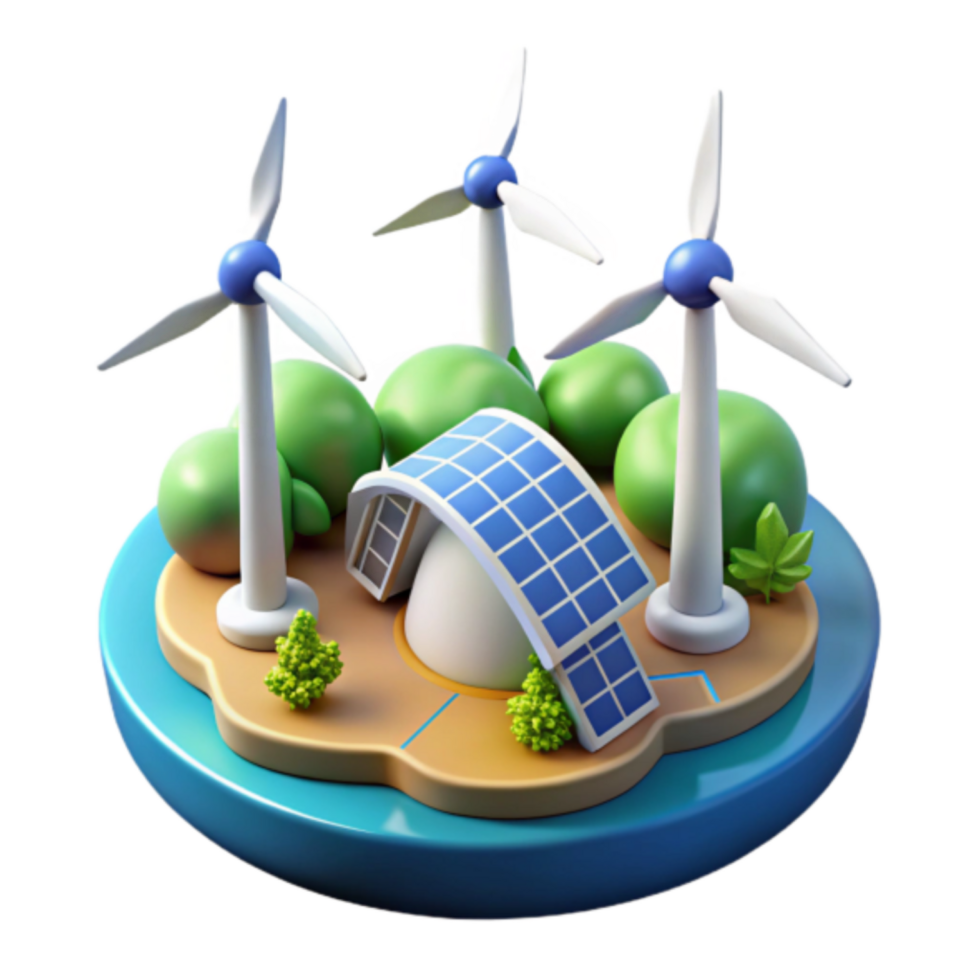 Sustainable Island 3D Illustration Wind Turbines Solar Panels Eco Friendly Energy png
