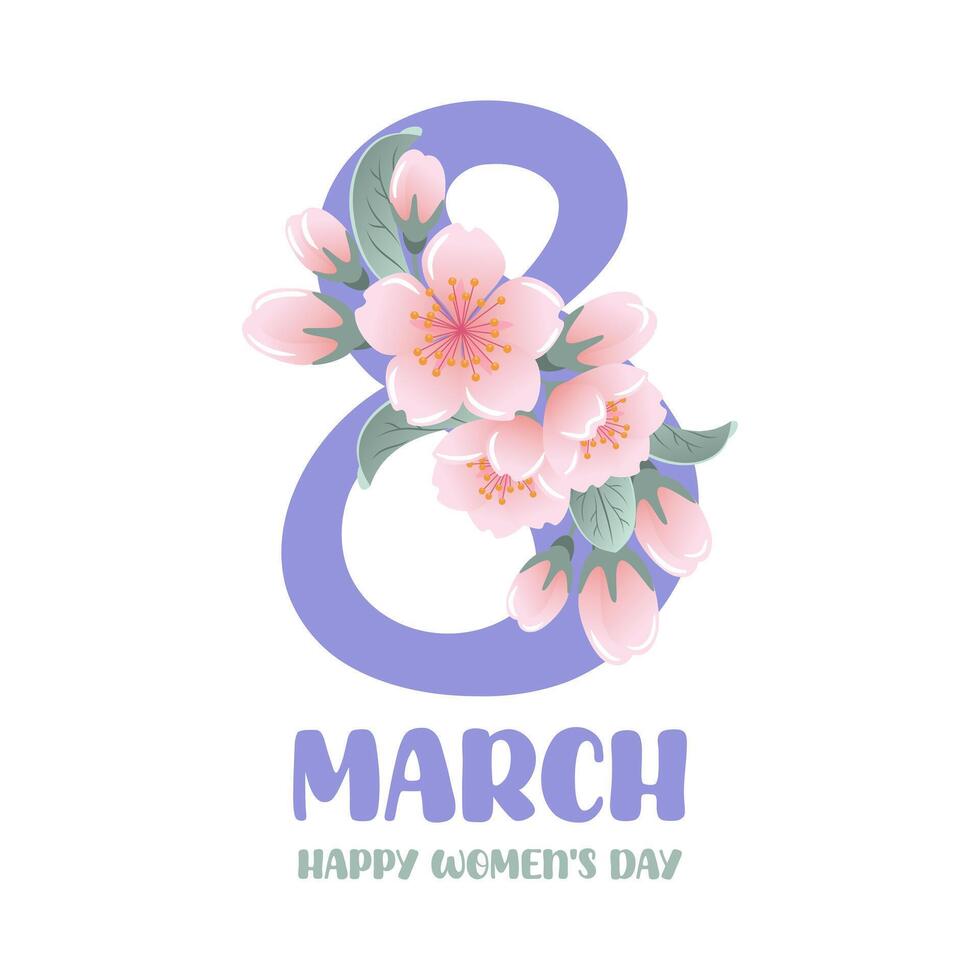 A vibrant illustration for International Womens Day features the number 8 surrounded by beautiful cherry blossoms, symbolizing spring and renewal. banner design captures joy and celebration. vector