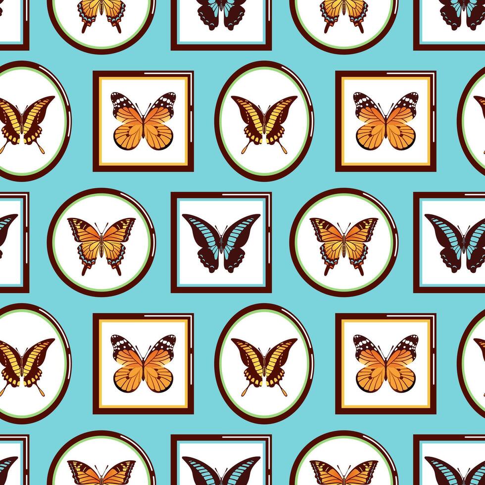 seamless pattern features an entomological collection of beautifully butterflies encased in elegant frames, perfect for creating a sophisticated and nature inspired design. Ideal for wallpapers and vector