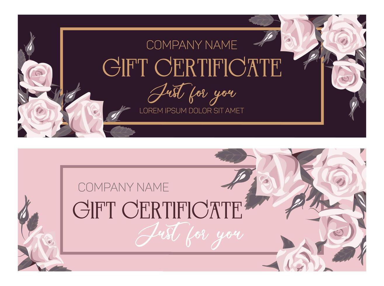 set of beautifully designed gift certificate decorated with elegant roses. The chic combination of pink, black and gold adds a touch of luxury to the look and makes it perfect for special occasions. vector