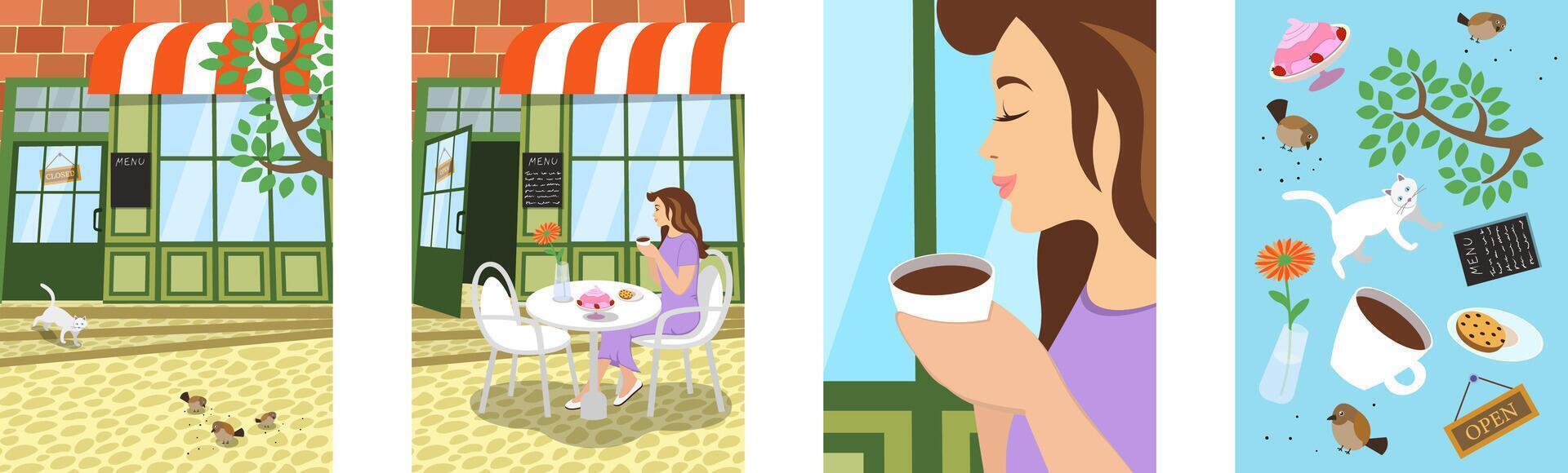 Charming cafe scene featuring smiling woman sipping espresso at sunlit table, embracing peaceful morning. Ideal for art, decorative prints and coffee shop themed promotions. vector
