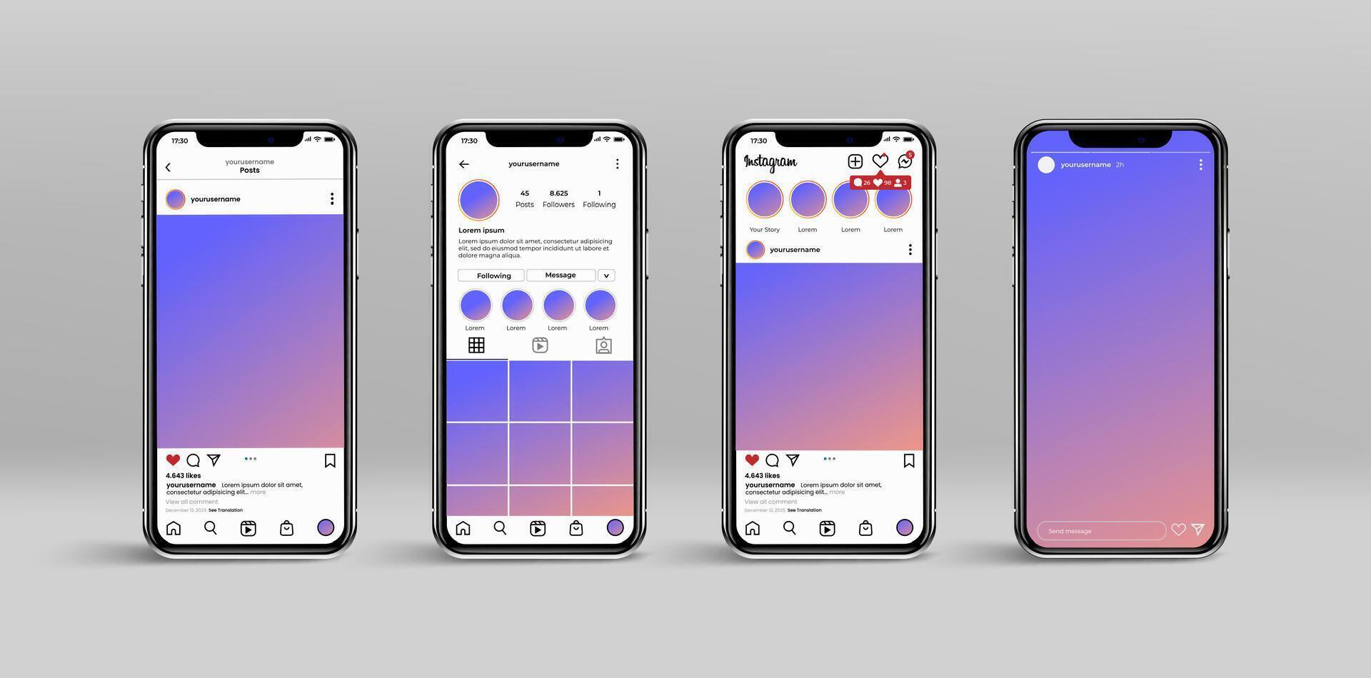 Instagram social media interface template on mobile phone mockup vector
