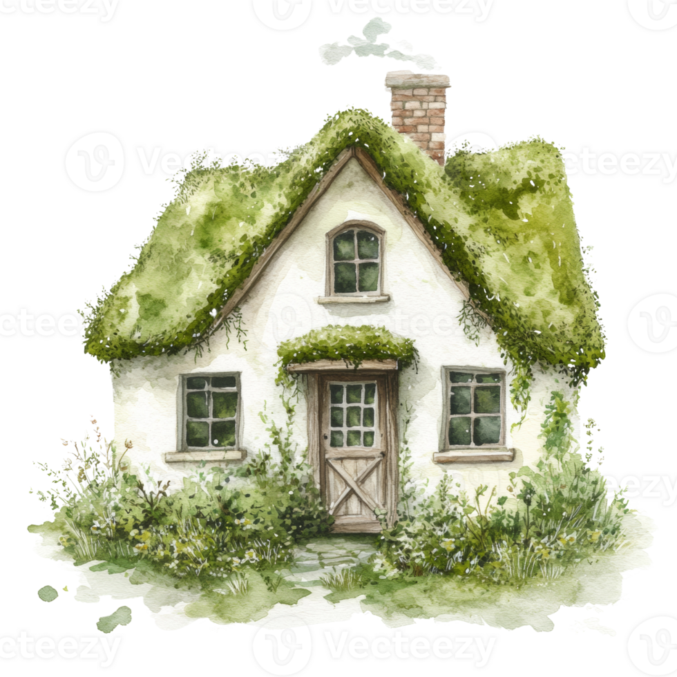A charming cottage covered in green moss and plants png