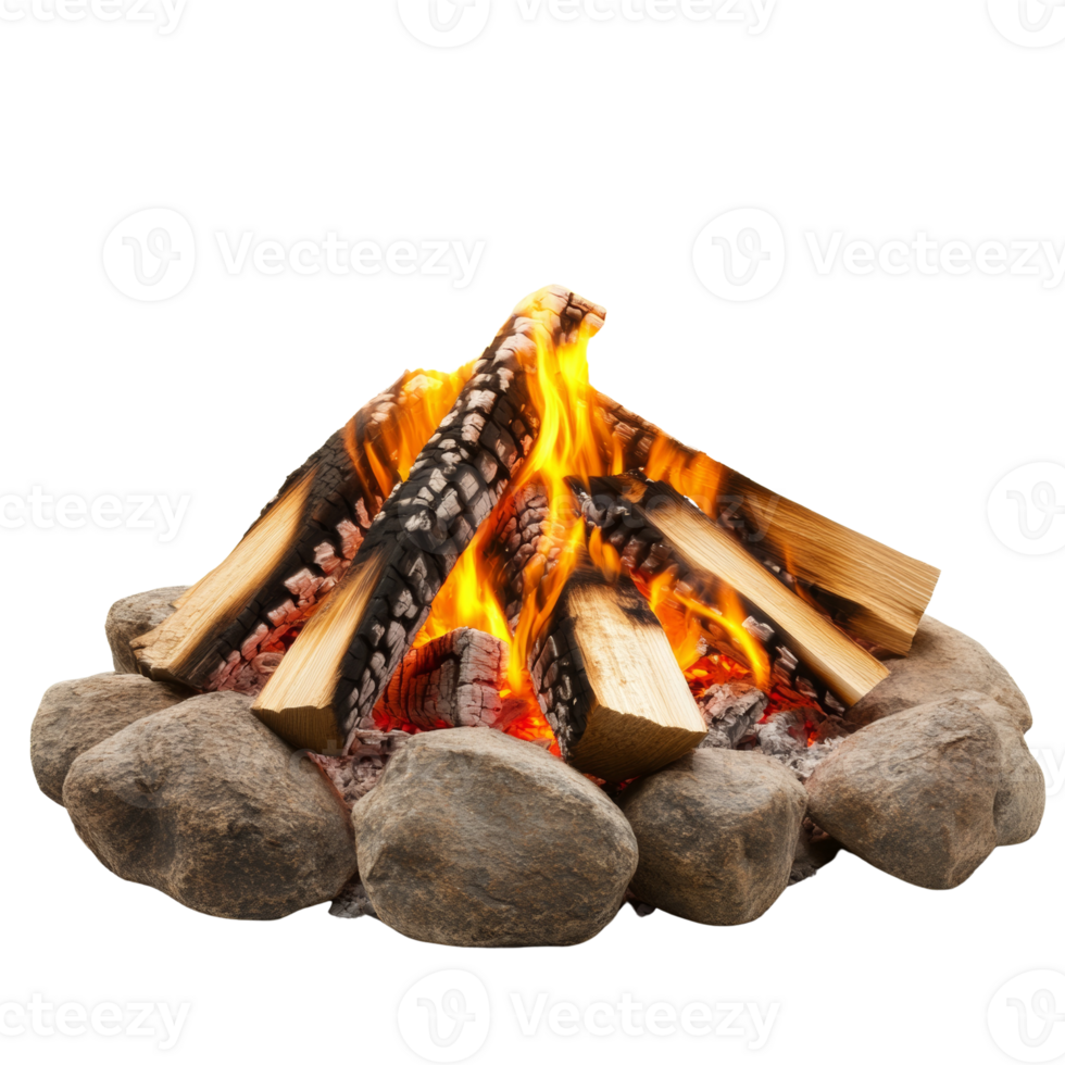 Campfire burning brightly with wood and stones png