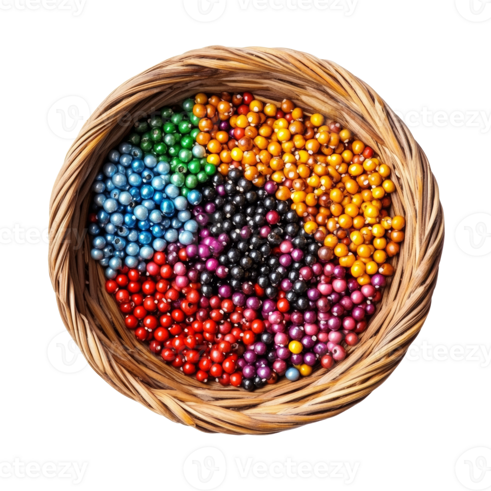 Colorful beads arranged in a woven basket png