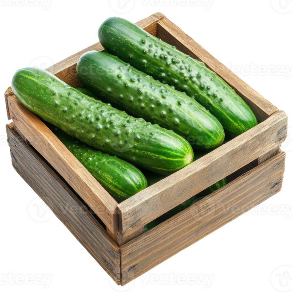 Fresh green cucumbers in a wooden crate png