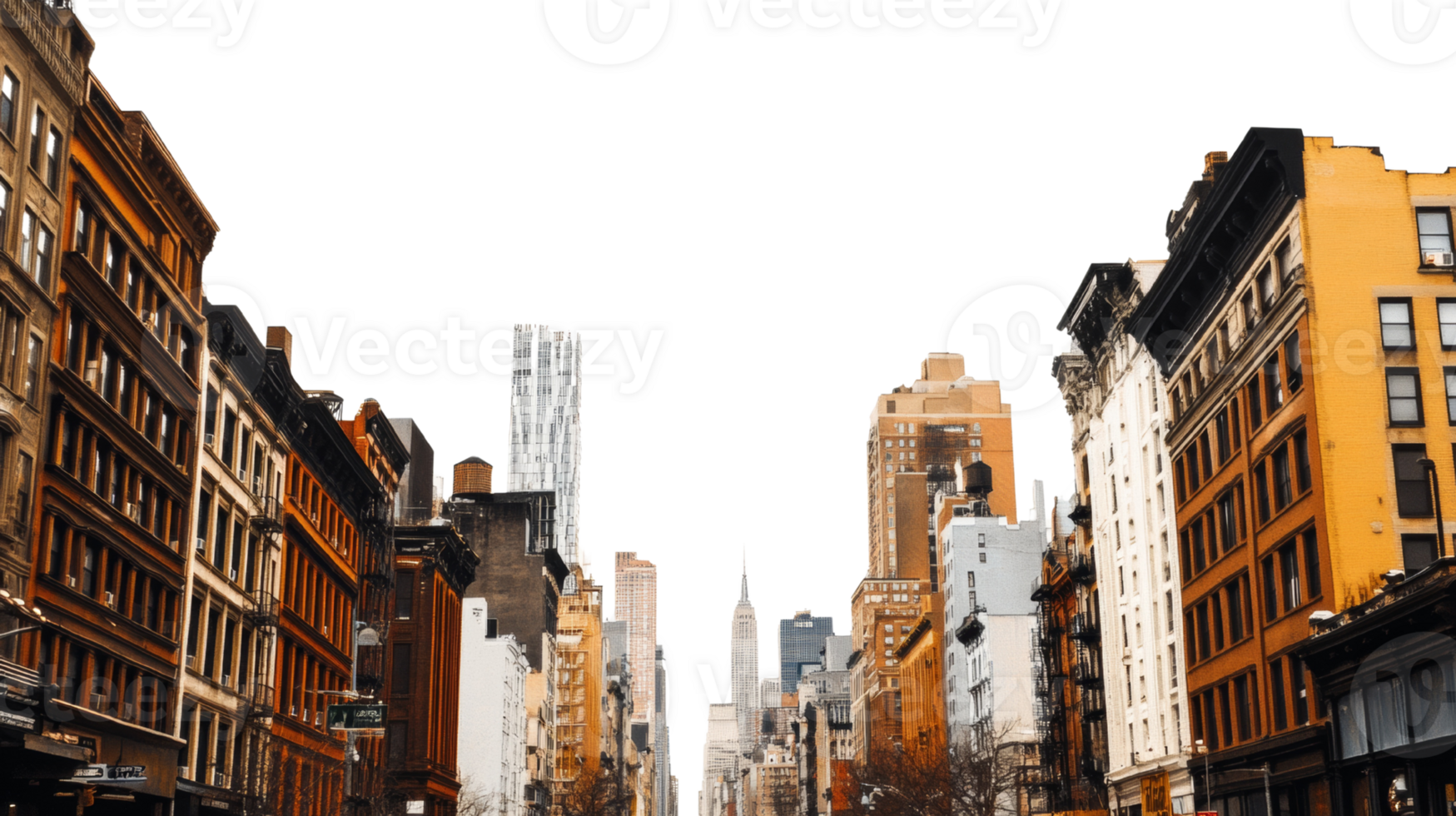 Cityscape showcasing tall buildings and brownstone architecture png