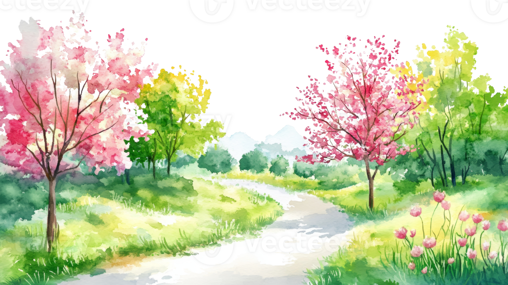 Watercolor Painting of a Spring Landscape with Blossoming Trees png