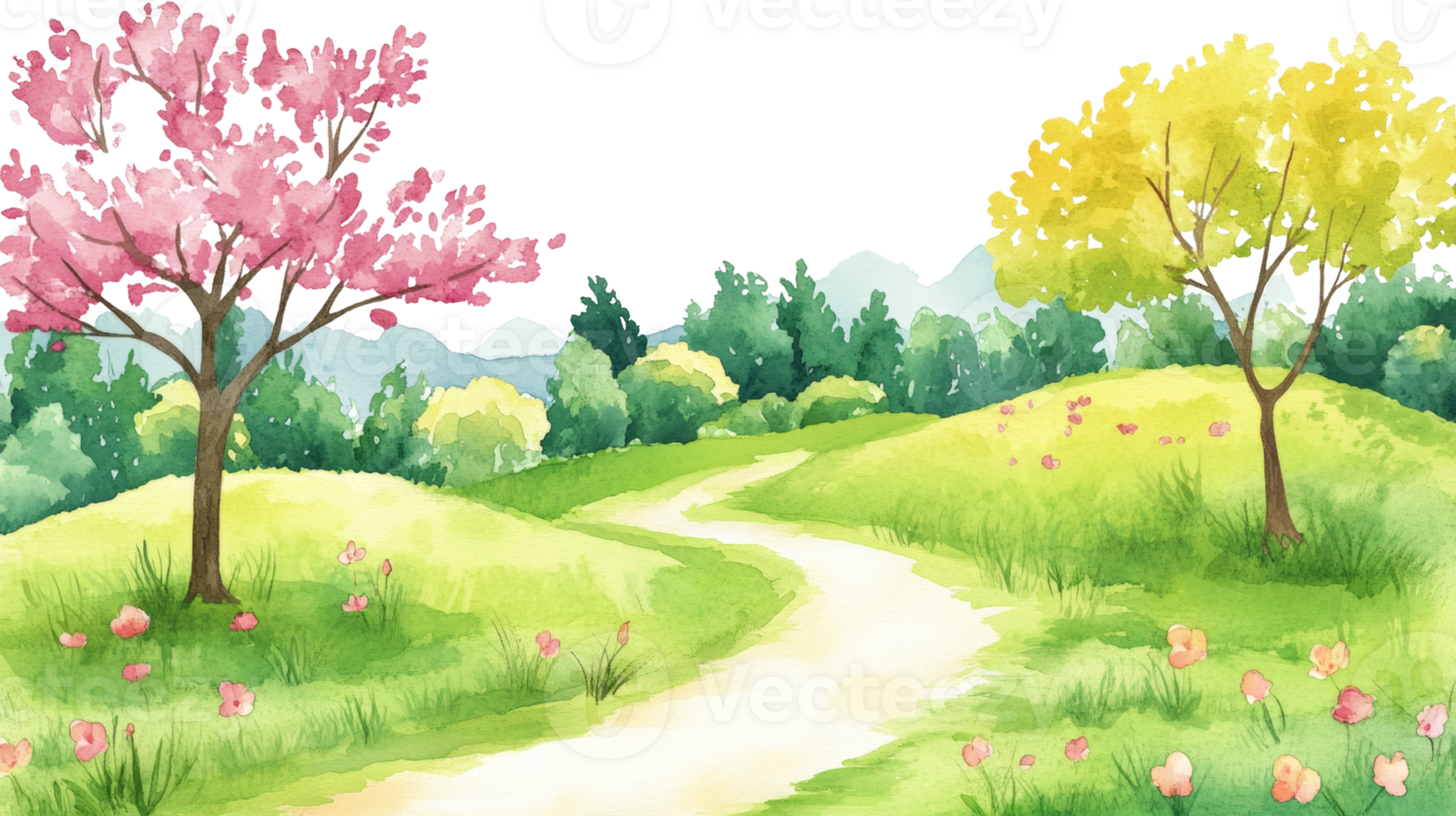 Watercolor Landscape Featuring Pink and Yellow Trees png