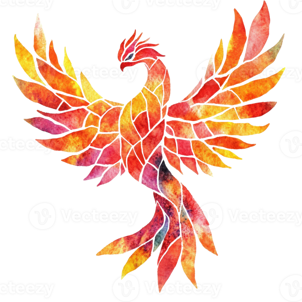 A Watercolor Phoenix Bird Design With Mosaic Wings png