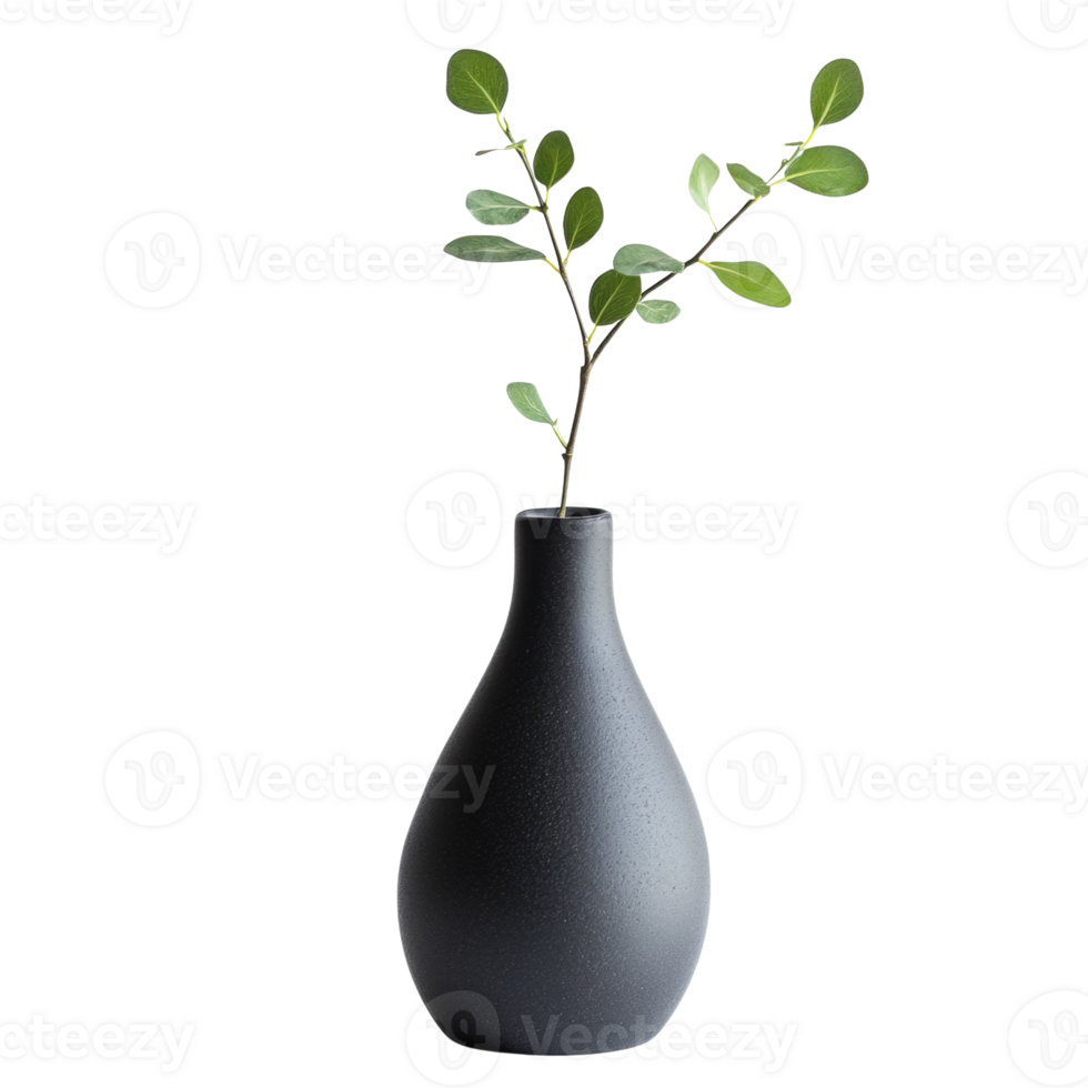 Green leaves in a dark grey ceramic vase png