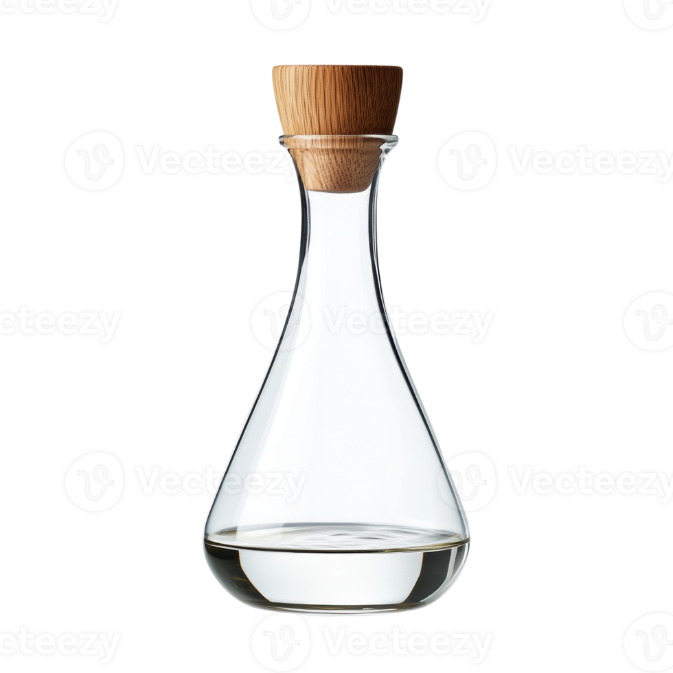 Glass decanter with wooden stopper holds clear liquid png