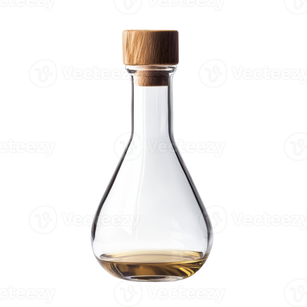Glass Decanter with Wooden Stopper Holds Amber Liquid png