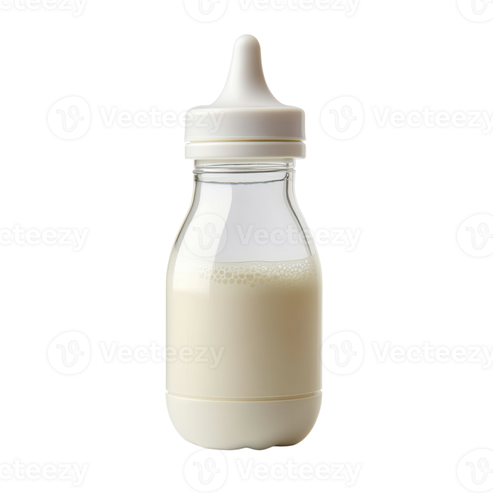 A glass baby bottle filled with milk png