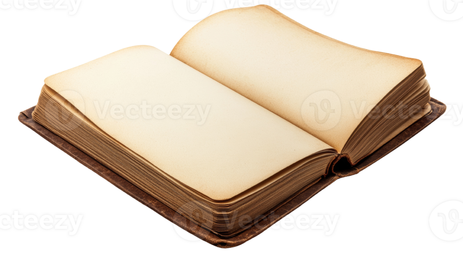 An antique leather bound book lies open with blank pages png