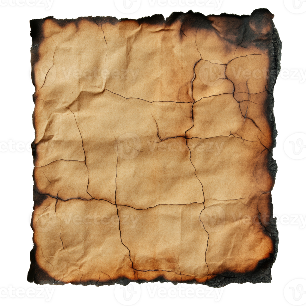 Burned paper with cracks and edges showing charring png