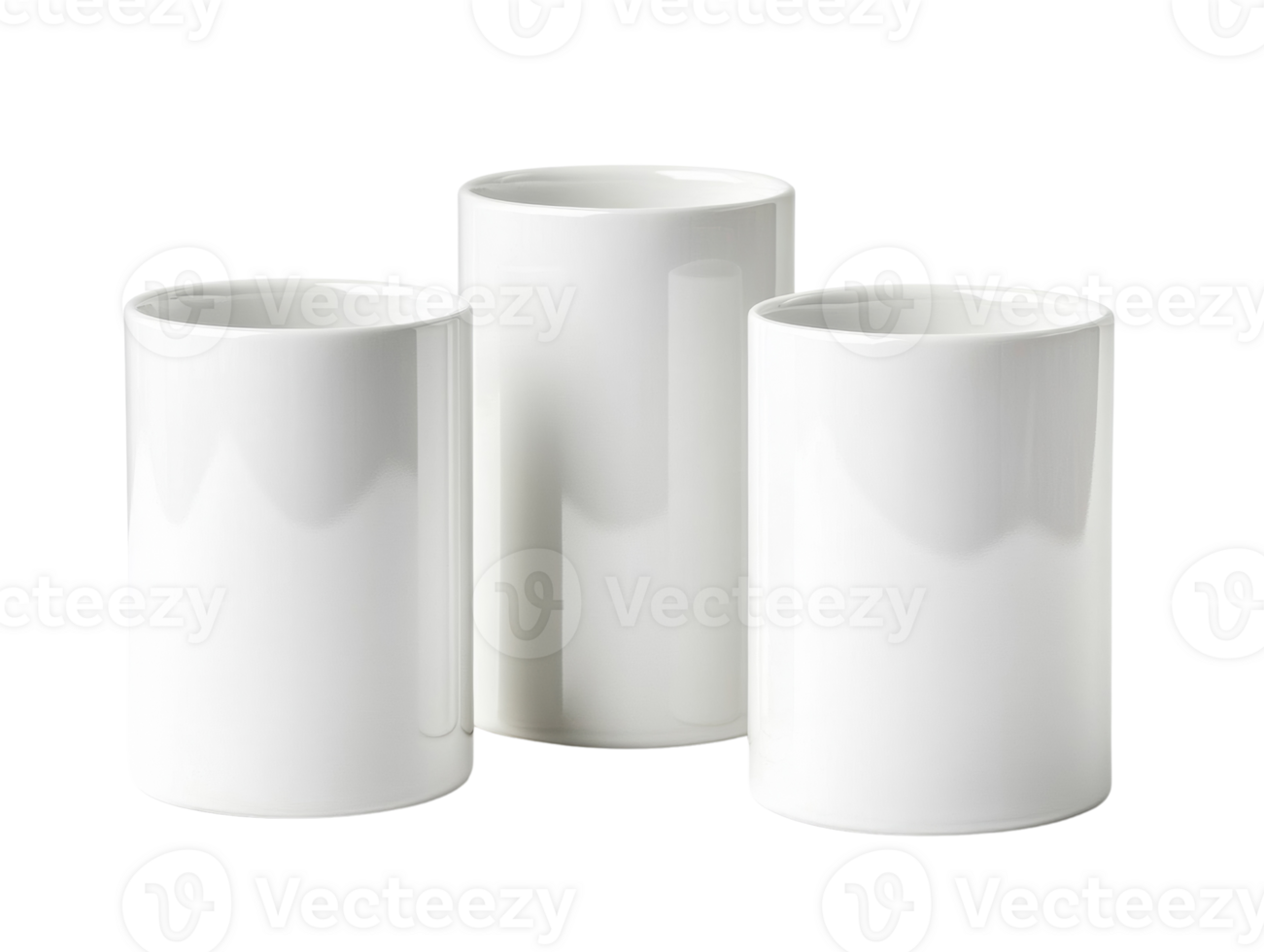 Three White Cylindrical Ceramic Cups Arranged Together png