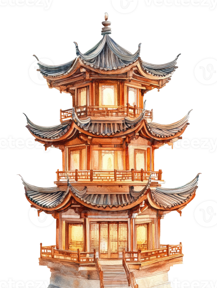 Illuminated Watercolor Painting of a Chinese Pagoda. isolated png