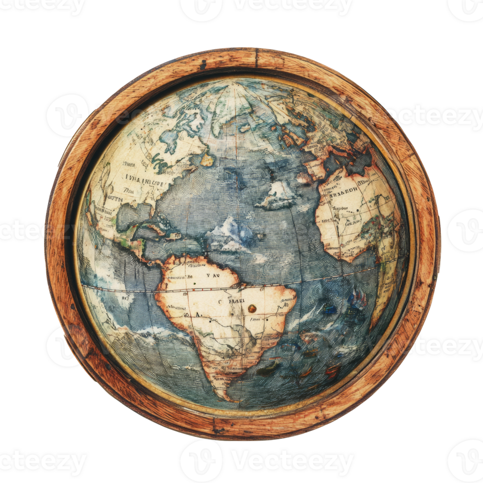 Antique Wooden Globe Showing World Map Details png