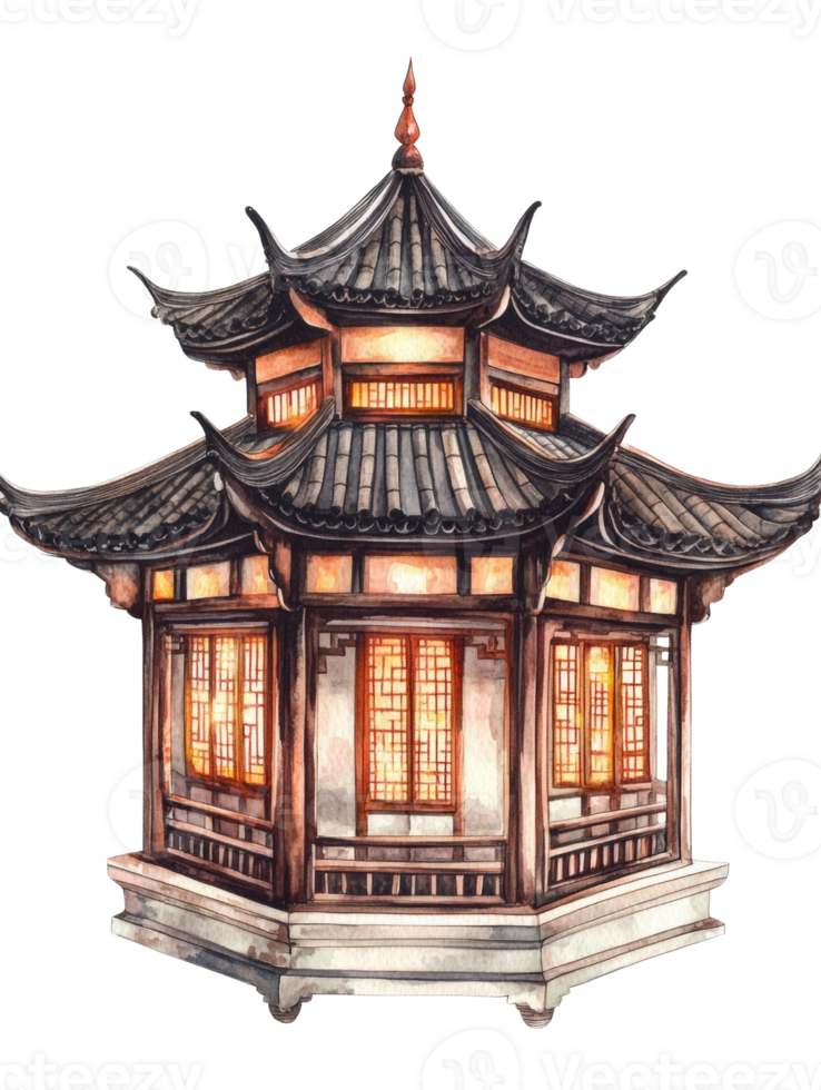 Illuminated Watercolor Painting Of A Chinese Pagoda. cut out png