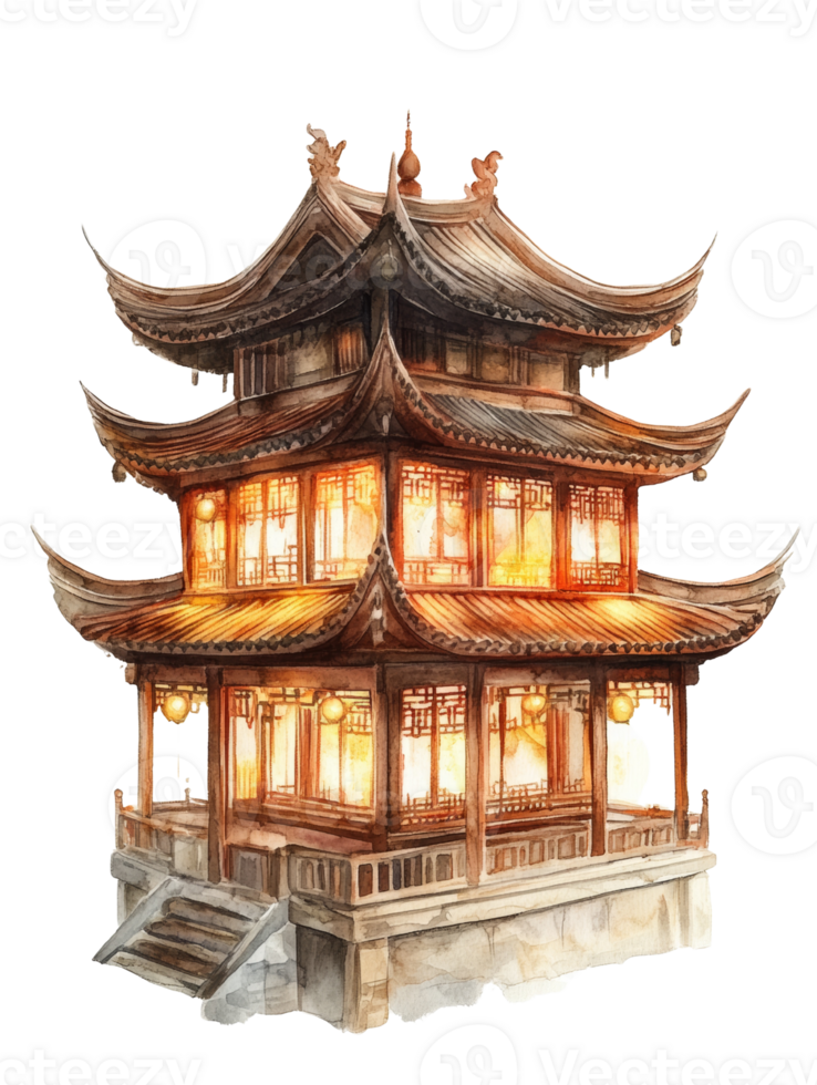 Illuminated Chinese Pagoda Watercolor Painting png