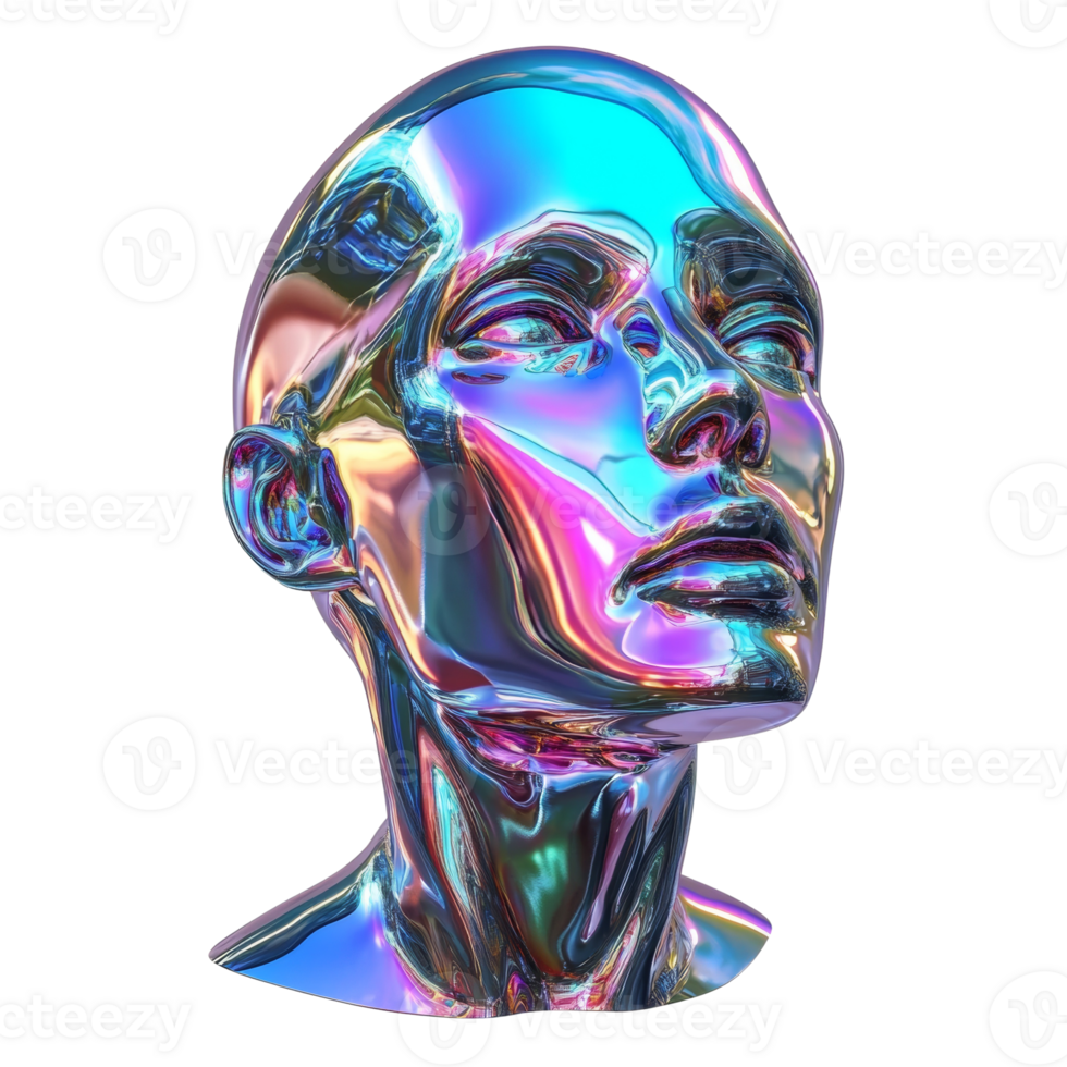 Iridescent Chrome Head Sculpture Gazing Upward png