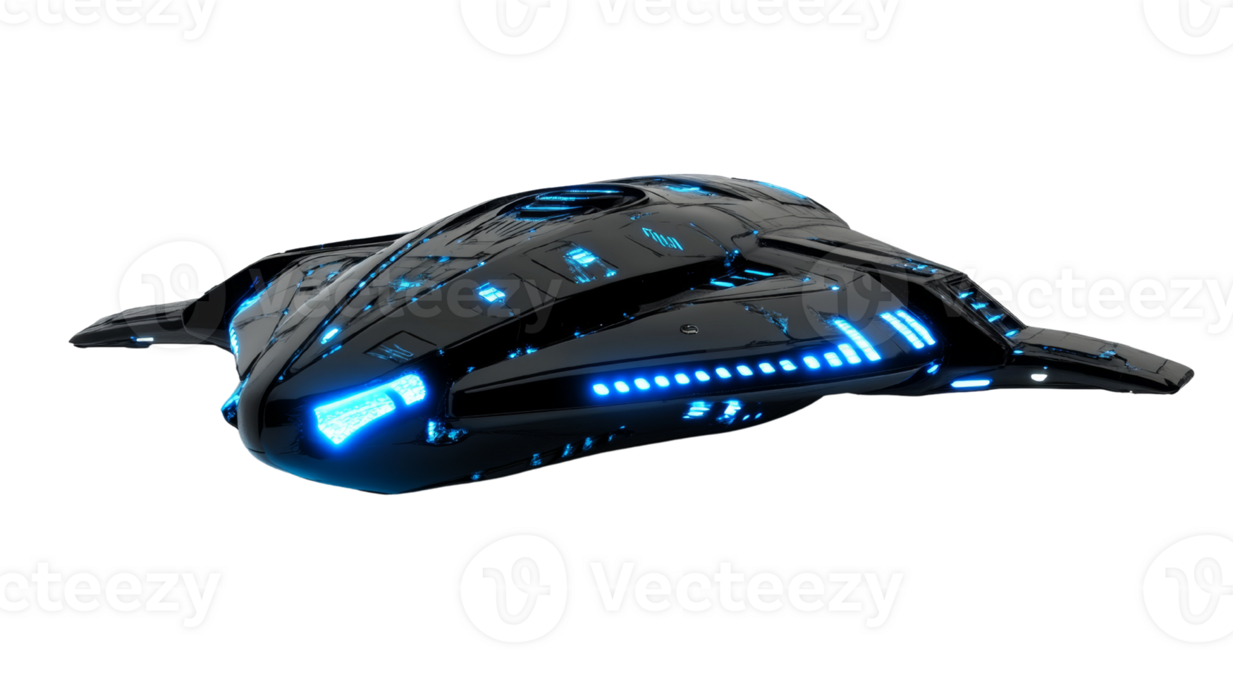 Futuristic Black Spaceship With Blue Lights. cut out png