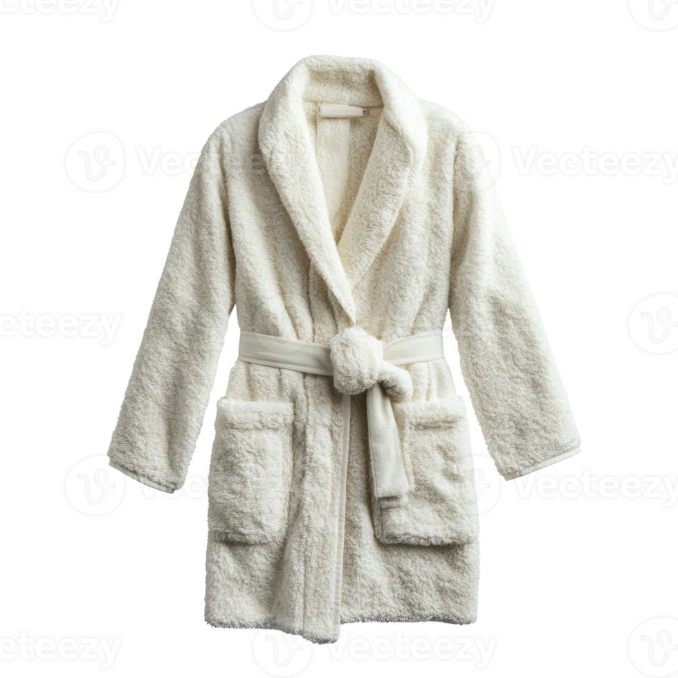 A cream colored plush bathrobe hangs neatly png