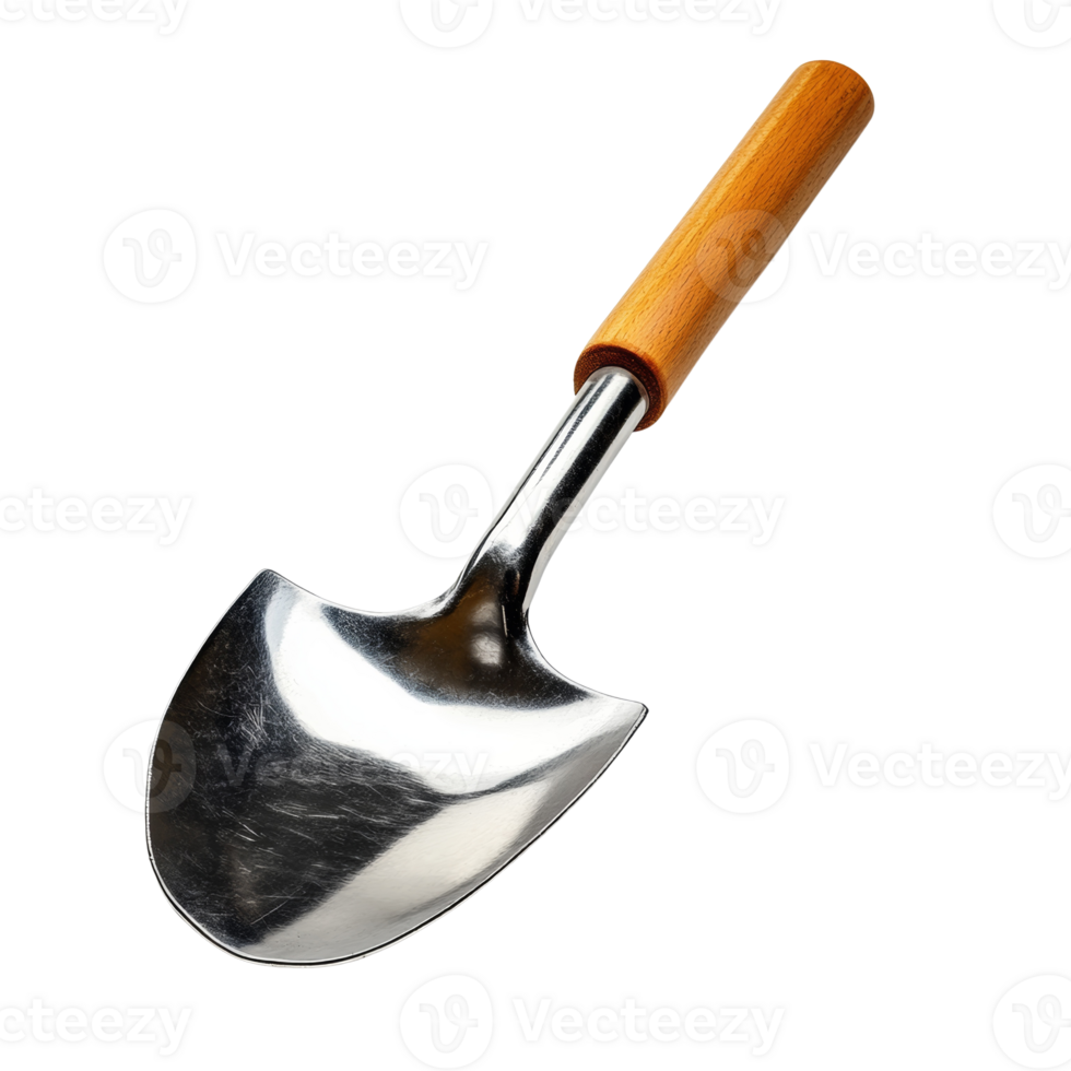 A small metal garden shovel with a wooden handle. cut out png