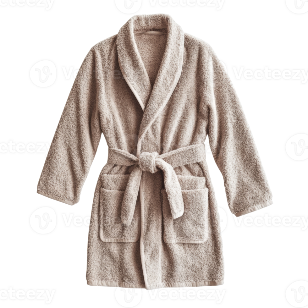 A beige soft fluffy bathrobe hangs neatly png